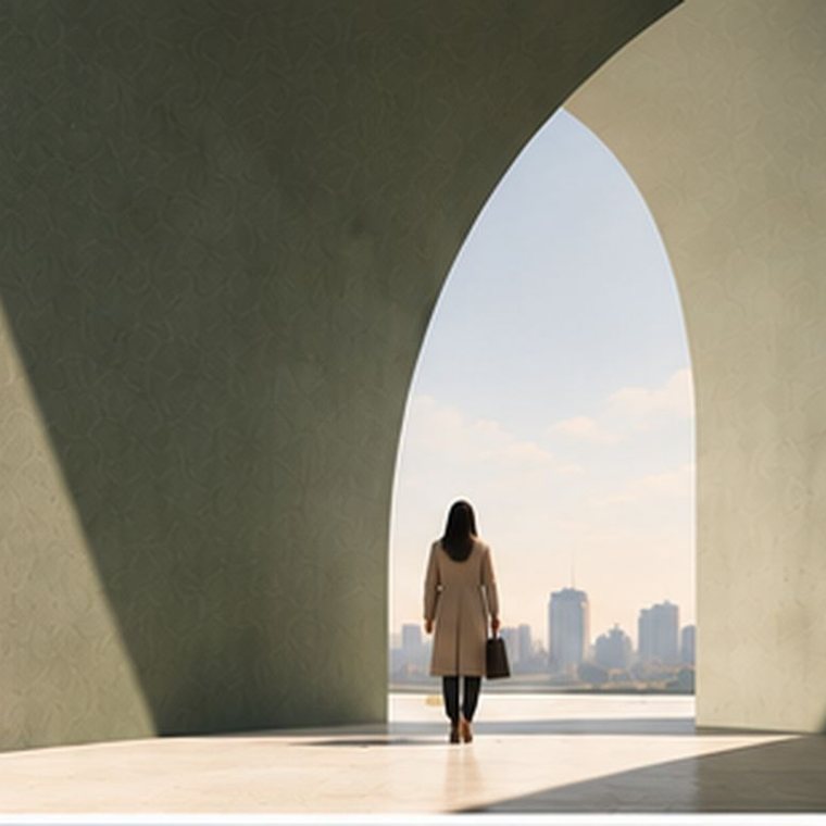 Illustration: a professional walks through a sage-green arch towards the city