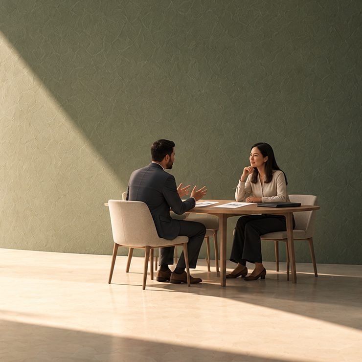 Illustration: a trainer listens as a professional explains his work at a small table