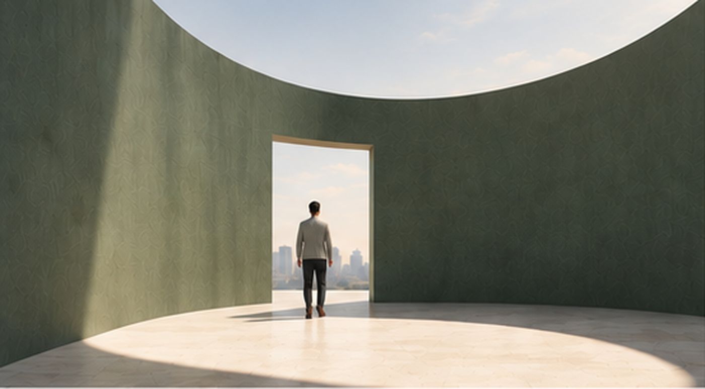 Illustration: a professional approaches a doorway in a curved sage-green wall that opens onto a city