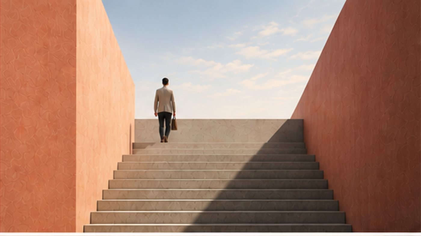 Illustration: a professional climbs a wide staircase toward open sky