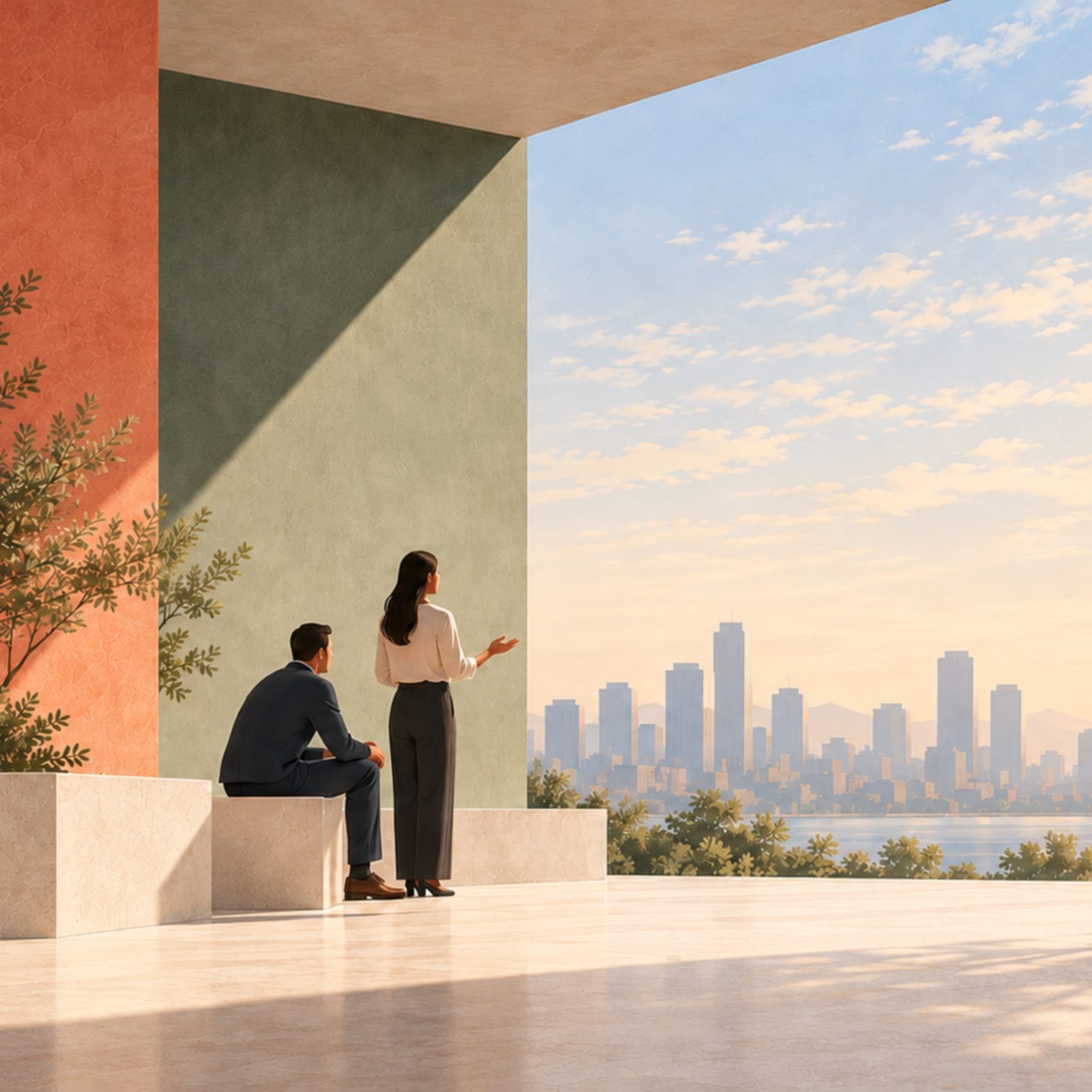 Illustration: Auf einer sonnigen Terrasse spricht jemand mit offener Hand zu einer sitzenden Person, dahinter die Stadt