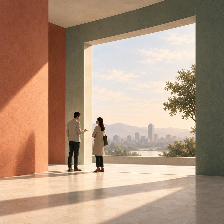 Illustration: Zwei Personen unterhalten sich entspannt an einer weiten Öffnung mit Blick auf die Stadt