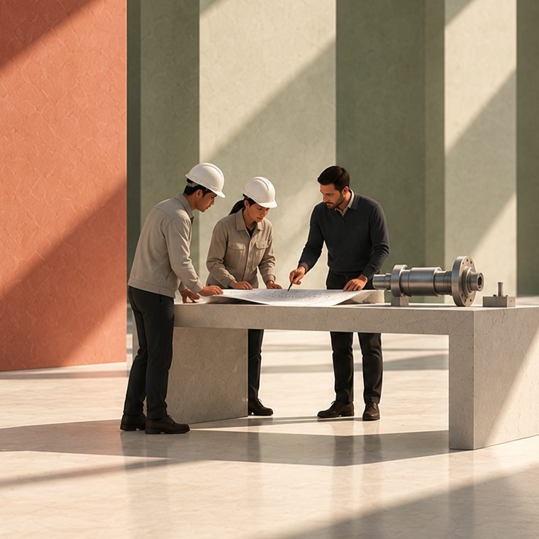 Illustration: two engineers and a trainer discuss a drawing at a workbench in a bright industrial hall