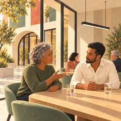Illustration: two of the colleagues talk across the table, one gesturing as she speaks