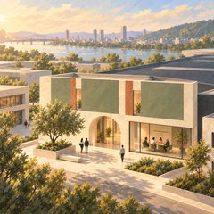 Illustration: a business district beside a river city, with a sage-and-clay office building
