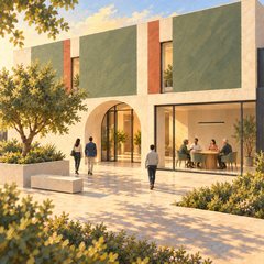 Illustration: the courtyard of the same building, with people arriving