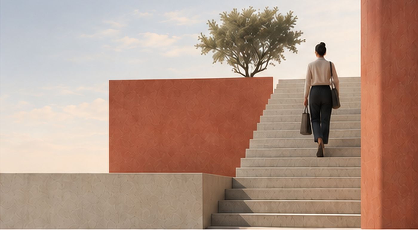 Illustration: a professional climbs a staircase beside a clay wall