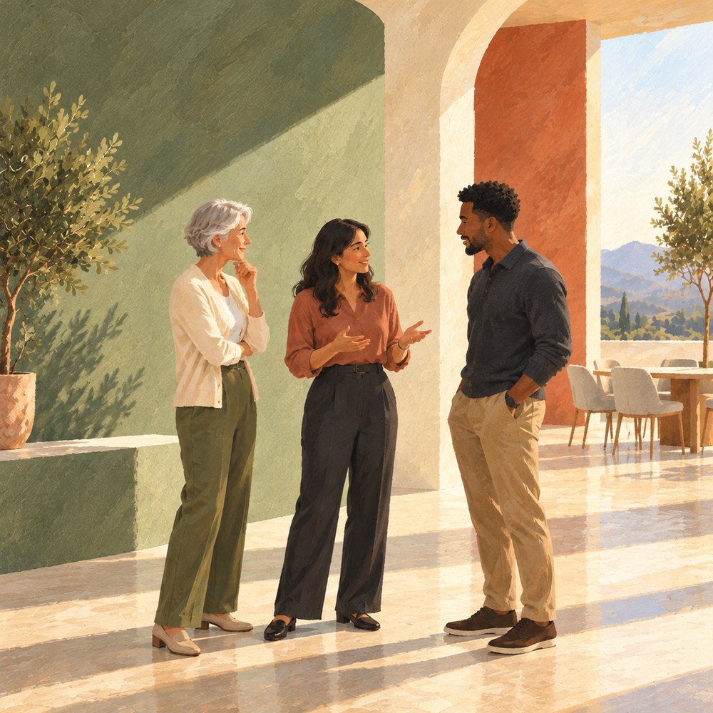 Illustration: Drei Personen im Gespräch in einer sonnigen Halle, eine erklärt mit offener Hand